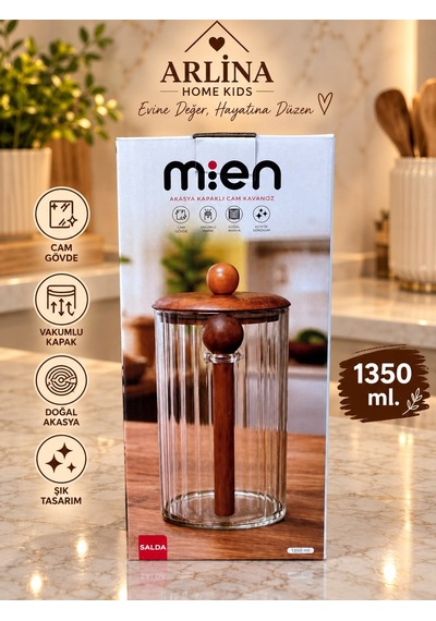 1350 Ml Akasya Kapaklı Kaşıklı Cam Kavanoz Şeffat Cam - Akasya Ahşap Kapak