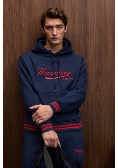 Grimelange Phantoseas Erkek Kapüşonlu Önü Nakışlı Etek Ve Kol Triko Detaylı Lacivert Sweatshirt Lacivert
