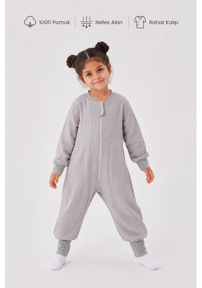 Babyhola Çocuk Uyku Tulumu 1-8 Yaş Unisex Uzun Kollu 1 Tog %100 Pamuk Müslin 2706 Gri