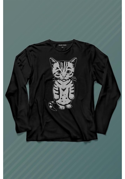 Sevimli Minik Patili Bıyıklı Cat Minnoş Mahçup Üzgün Kedi Uzun Kollu Tişört Baskılı T-shirt 001