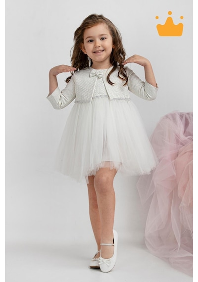 Babyhola Minimony 6-24 Ay Mine Desen Ceketli Kız Bebek Çocuk Bayramlık Abiye Gelinlik Elbise Takım 1013 Beyaz