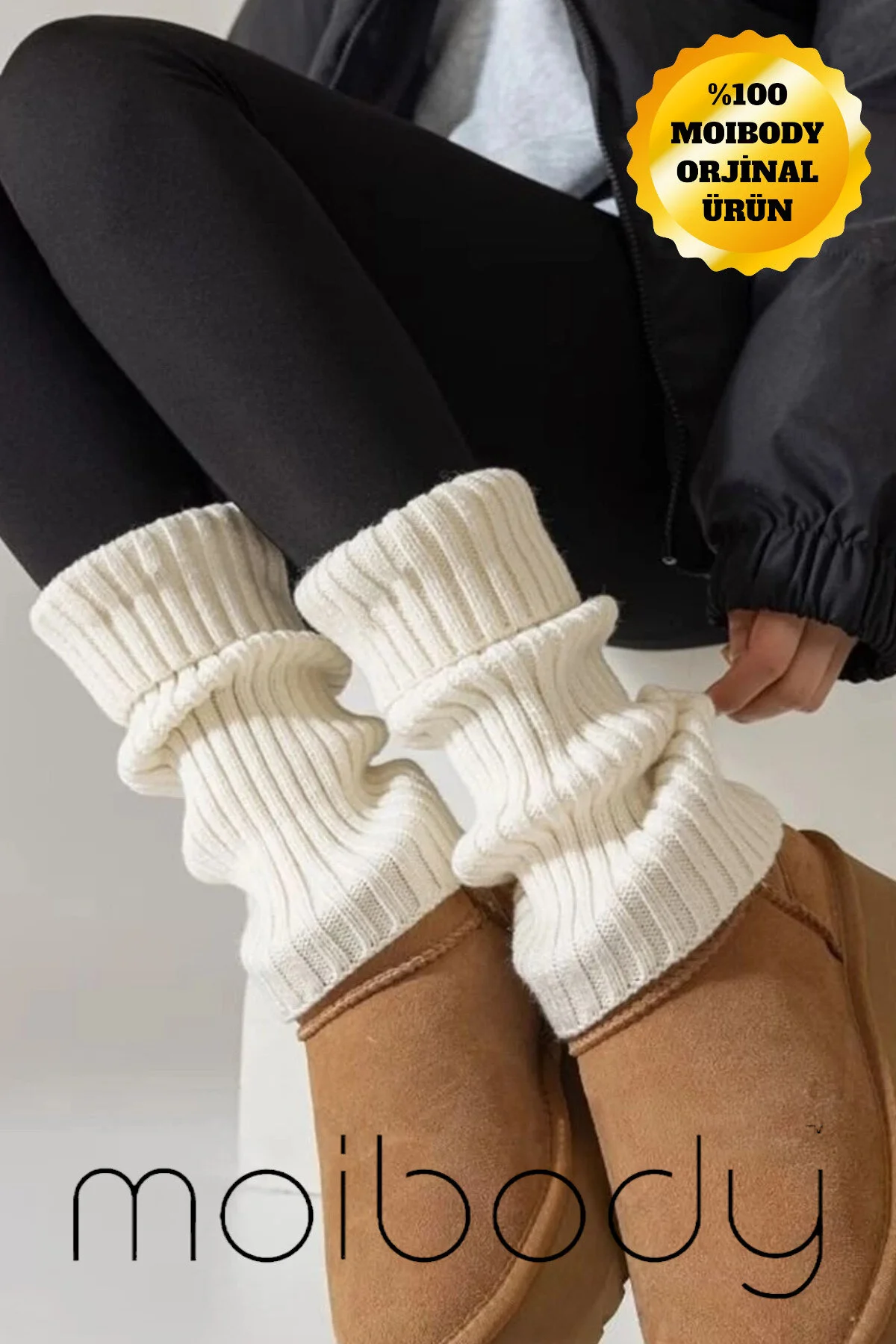 Moibody Original Premium Tozluk Akrilik Triko Örgü Leg Warmer Ayak Isıtıcı Bale Paten Çorabı Ekru