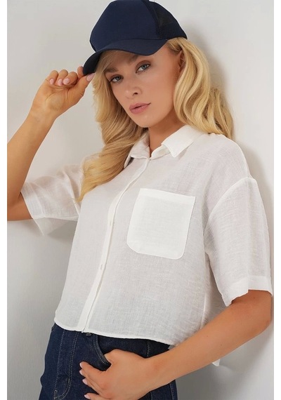 Defymoda Kısa Kol Crop Gömlek 20341 - Beyaz Beyaz