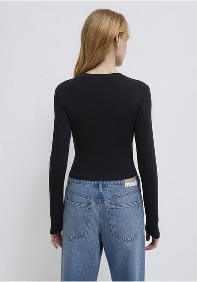 Mavi - Uzun Kollu Siyah Crop Basic Tişört 1612822-900