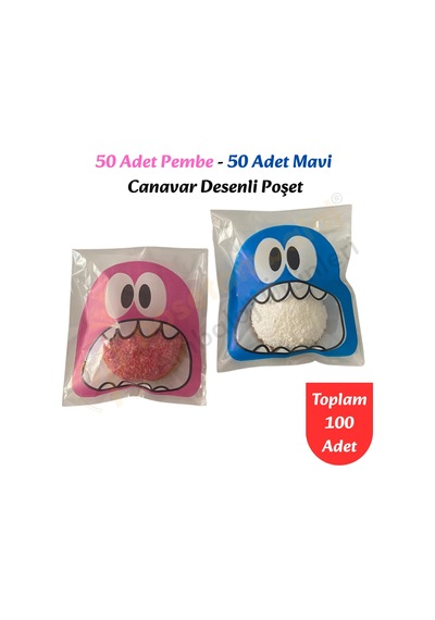 100 Adet Pembe-mavi Renkli Canavar Desenli Cake Pop & Kurabiye Poşeti-10x15 Cm