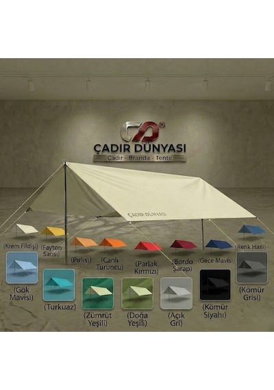 Çadır Dünyası Profesyonel Kamp Tentesi Tarp - 330x330 Cm, 8mm Demir Kazık Ve Komple Aksesuar Seti Çok Renkli