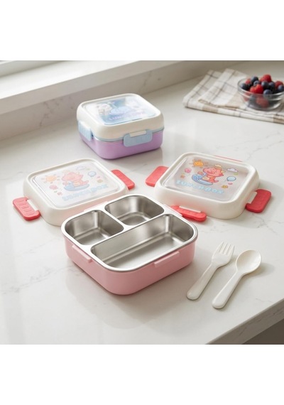 Paslanmaz Çelik 3 Bölmeli Kilitli Yemek Kabı 2000 Ml, Çatal Kaşık Dahil Renkli Desenli Lunch Box, Çelik İç Hazneli Saklama Ve Taşıma Kabı Pembe