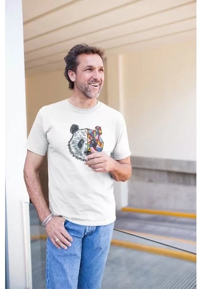 Erkek Bisiklet Yaka Baskılı Oversize T-shirt - Beyaz Çok Renkli