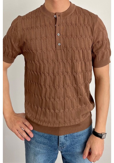 Tarz Cool Erkek Hakim Yaka Düğmeli Slim Fit Triko T-shirt Kahverengi