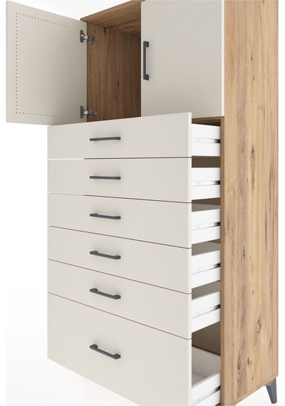 Hyperion Dolap Tek Raflı 6 Çekmeceli 2 Kapaklı 88x44x182 Çam-... Çam