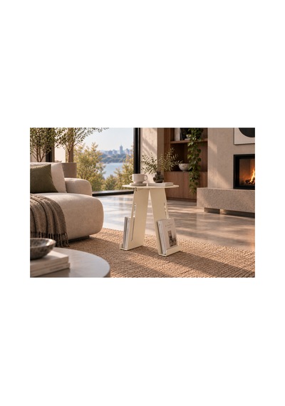 Folio Modern Metal Yan Sehpa Ve Dergilik, Yuvarlak Koltuk Kenarı Kitaplık Sehpa Krem - 945341616 Krem