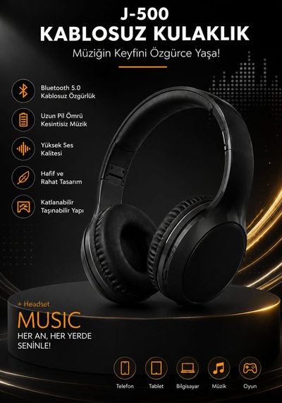 J500 Siyah Renk Bluetooth Kafa Üstü Kulaklık