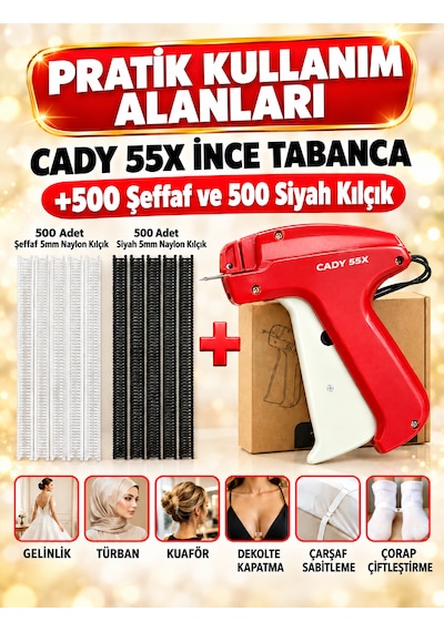 Cady Türban Gelinlik Tabancası Seti 55x Ve 1000 Ad Kılçık 500 Şeffaf-500 Siyah