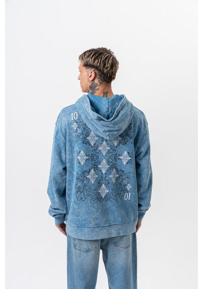 Respire Erkek 10 Baskılı Yıkamalı Kapüşonlu Oversize Hoodie Mavi
