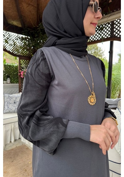 Rabia Şamlı Ebru Cupra Detaylı Triko Elbise Antrasit Normal