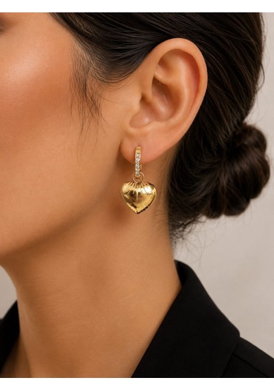 Cm Jewelry Zirkon Taşlı Bombe Kalp Gold Çelik Küpe Altın