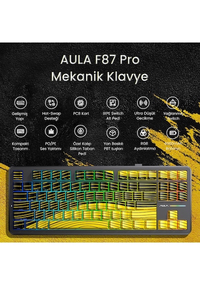 Aula F87 Pro Mekanik Rgb Tkl Matcha Latte Switch Kablosuz Makrolu Hot Swap Klavye Sarı