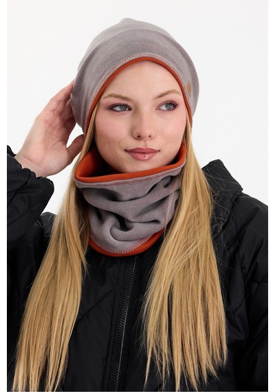 Butikgiz Kadın Dış Kısım Polar, İç Kısım Kaşkorse Pamuklu, Çift Renk, Çift Kat, Katlanabilir Bere Boyunluk Set Gri-kiremit