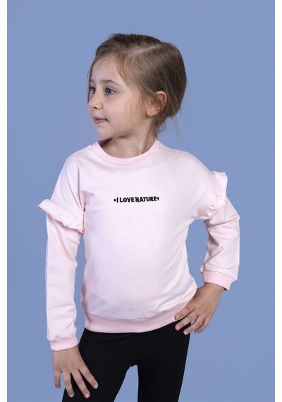 Toontoy Kız Çocuk Kolları Fırfır Detaylı Nakışlı Sweatshirt Pudra