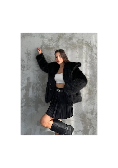 Asur Boutique Asur Butik Kadın Oversize Kesim Çıt Çıtlı Astarlı Kürk Mont Siyah