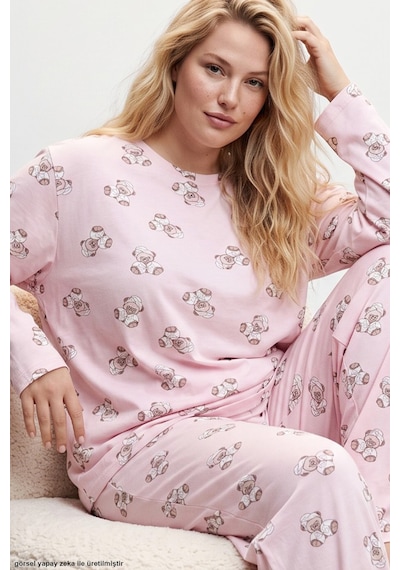 Siyah İnci Baskılı Büyük Beden Battal Boy Örme Pijama Takım 8089 Pembe Ayıcık