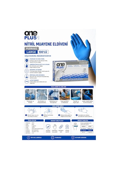 One Plus Nitril Eldiven Pudrasız Large Mavi 100'lü