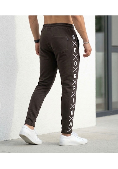 Plus Scorpion Erkek Slim Fit Eşofman Altı Yazılı Şerit Detaylı, Dar Paça Jogger Pantolon Kahverengi