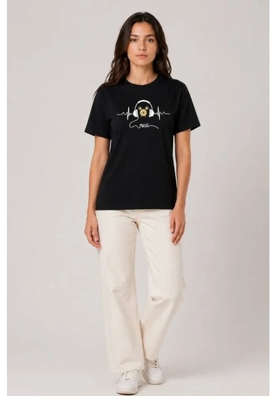 Defymoda Müzik Temalı Baskılı Tişört Bisiklet Yaka Kısa Kol T-shirt - Siyah