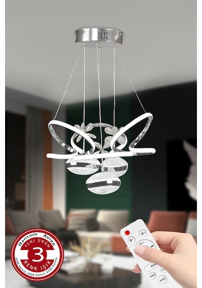 3 Toplu Kumandalı Gümüş Kasa Büyük Boy Salon Led Avize 3 Renk