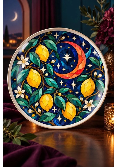 Dekoratif Duvar Tabağı Limonlu Vitray Bahçesi Dekorlu Seramik Tabak Mor