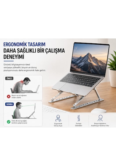 Alüminyum Katlanabilir Laptop Standı Ayarlanabilir Dizüstü Bilgisayar Yükseltici Ergonomik Notebook Standı Kaymaz Taşınabilir