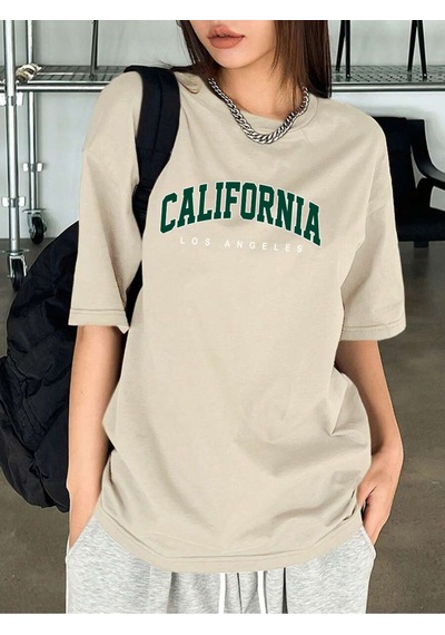 Uyguntarz Unisex Californıa Baskılı Tasarım Tshirt Bej
