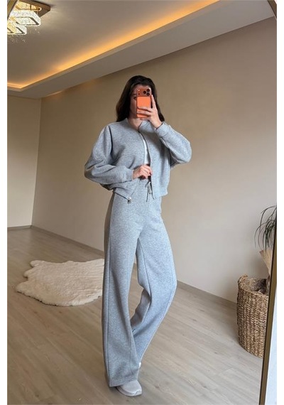 Neşeli Butik Kadın Fermuarlı Oversize Sweat Ve Yüksek Bel Eşofman Takımı Nm018 Gri Melanj