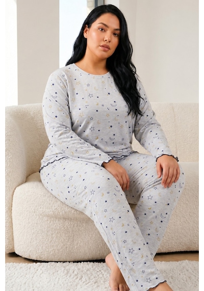 Siyah İnci Büyük Beden Battal Boy Örme Pijama Takım26240914 Gri Melanj