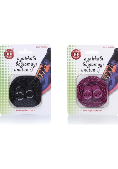 Magic Locks Yuvarlak Akıllı Ayakkabı Bağcık 2'li Set Siyah-fuşya
