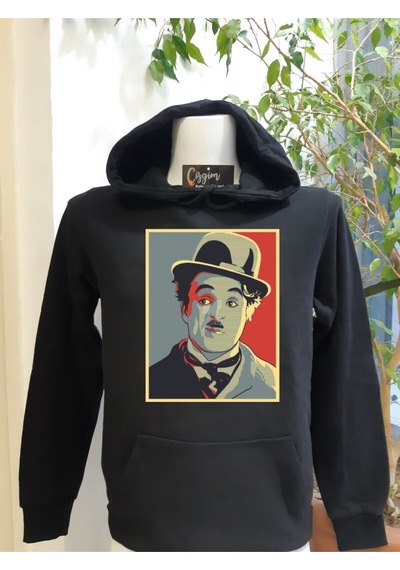 Pisa Art Unisex Siyah Kapüşonlu Charlie Chaplin Baskılı Sweatshirt Hrmsw1020 Siyah