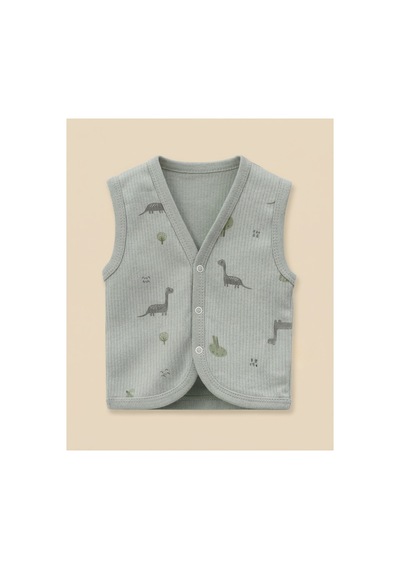 Minory Baby - %100 Pamuk Bebek Yeleği Dinozor Motifli Yeşil Yeşil