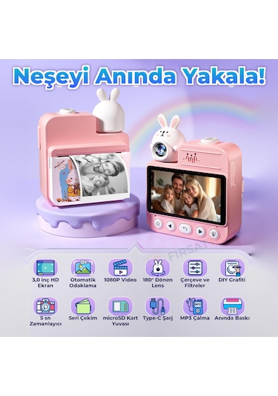 Jd30 3.0" Ekran 1080P Video 180 Derece Dönen Lens Anında Baskılı Çocuk Kamerası