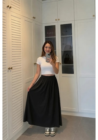 Kadın Siyah Poplin Kumaş Uzun Etek Beli Lastikli Günlük Maxi Etek 90 Cm