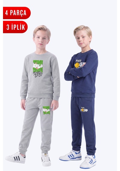 Panios Kids 3 İplik Baskılı Erkek Çocuk Çift Cepli Bisiklet Yaka 2'li Eşofman Takımı 4 Parça Gri - Lacivert