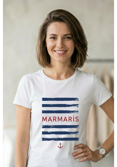 Baranışık Marmaris Marin Temalı Çizgili Ve Çapa Baskılı Unisex Tişört Beyaz