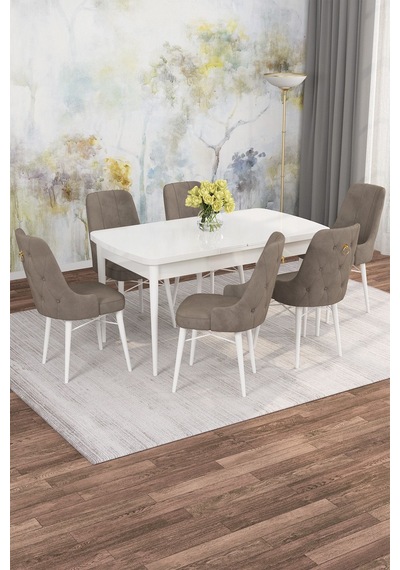 Mona Beyaz 80x132 Açılabilir Mdf Masa Yemek Odası Takımı, Mutfak Takımı 6 Adet Sandalye Beyaz Masa - 6 Cappuccino - Beyaz Ayak Mona Beyaz 80x132 Açılabilir Mdf Masa Yemek Odası Takımı, Mutfak Takımı 6 Adet Sandalye Beyaz Masa - 6 Cappuccino - Beyaz Ayak