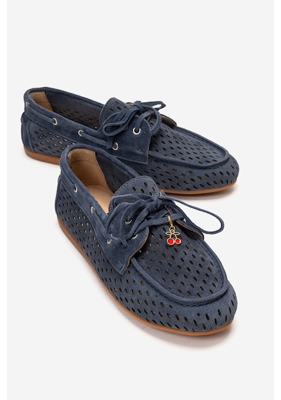 Luvishoes Stevo Kot Mavi Süet Hakiki Deri Delikli Bağcıklı Kadın Loafer Ayakkabı