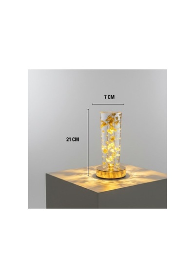 Plentiful Plentiful Silindirik Kristal Altın Toz Model Led Masa Lambası Gold Tabanlı, Dokunmatik, 3 Renk Işık
