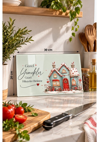 Gökçeoğlu Cam Kesme Tahtası Gingerbread Ev Yılbaşı Temalı - Cam Kesme Tablası 20cm X 30cm Çok Renkli