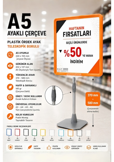 A5 Ayaklı Çerçeve Seti Plastik Ördek Ayak Teleskopik Borulu Fiyat Etiketliği Yönlendirme Levhası Menü Panosu Turuncu