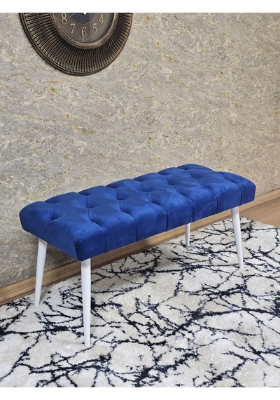 Zafir Beyaz Boyalı Sivriltme Ayaklı 90 Cm Puf Bench - Puf - Bench - Kasalı Oturak - Oturak - Yatak Ucu Puf Mavi