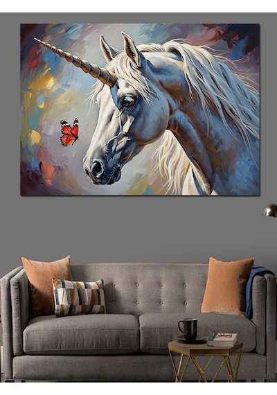 Ahşap Tablo Uçan Kelebekli Beyaz Unicorn Dekoratif Tablolar