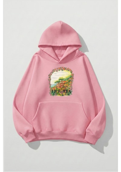 Uyguntarz Unisex Yumuşak Dokulu Italy Ligurya Baskılı Tasarım Oversize 3 İplik Hoodie Sweatshirt Pembe