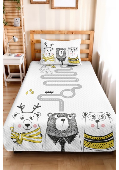 Evimde Bambaşka Ayıcık Ve Yol Desenli Çocuk Odası Pike Takımı - İskandinav Sarı Siyah 160x220  CM Yatak Örtüsü
